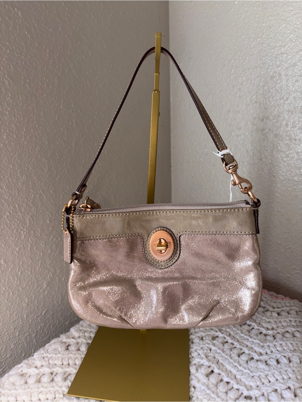Coach Metallic Rose Gold Mini Shoulder Bag with Turn-Lock Closure